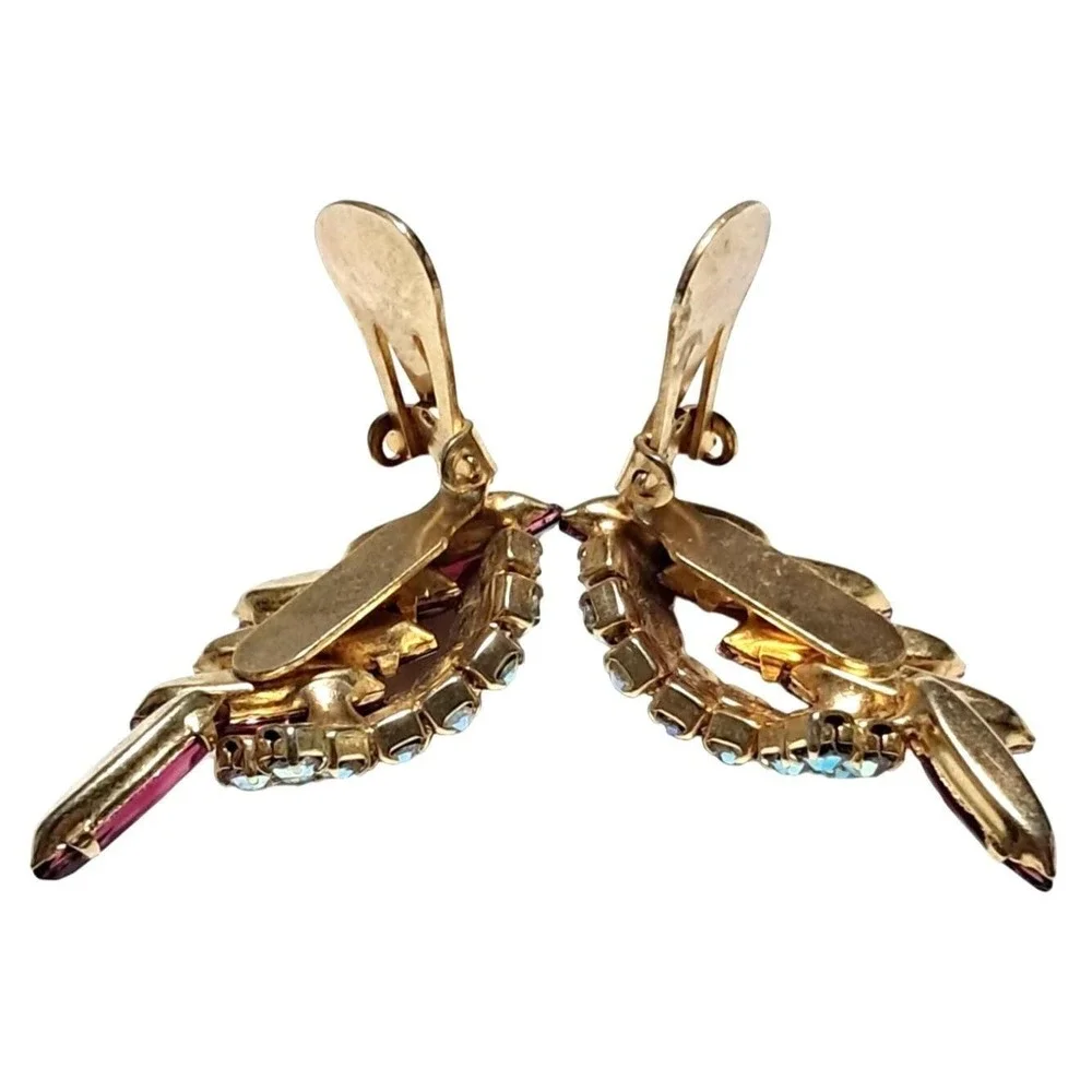 Vintage Pink Rhinestone Earrings with Aurora Borealis Ear Climbers Gold Tone Cli